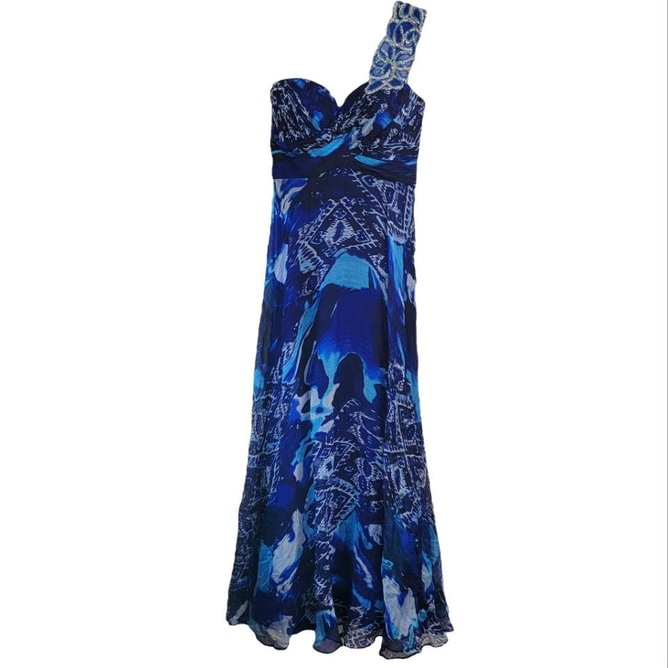 Rickie Freeman Teri Jon Formal One Shoulder Silk Beaded Maxi Dress Size 6